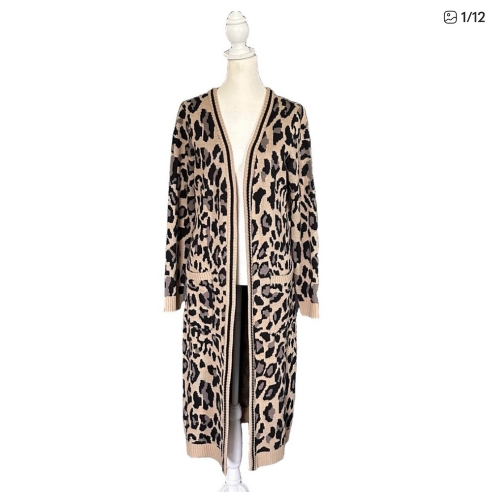 Boston Proper Beige and Black Leopard Print Long Cardigan